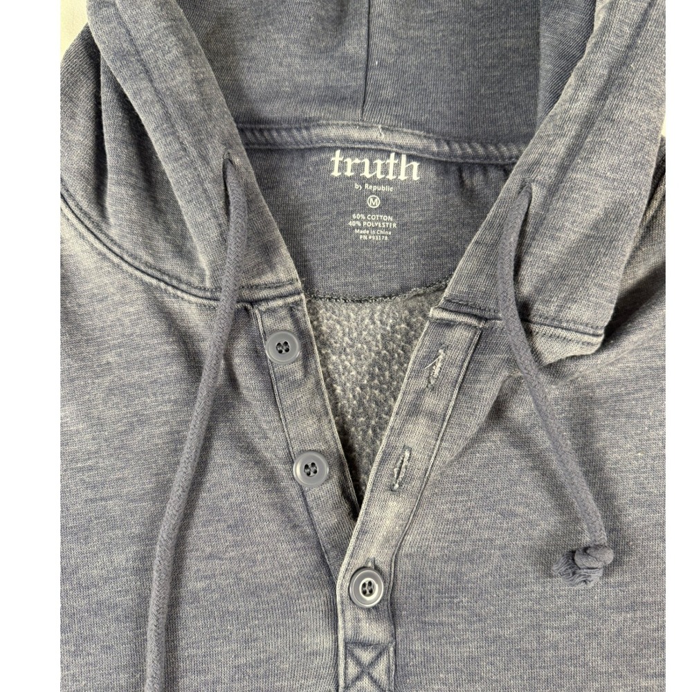 Truth by Republic Mens Blue Henley Hoodie Sweatshirt Medium Faded Wash Pocket - Picture 2 of 5
